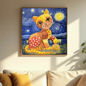 Gato de retalhos na noite estrelada