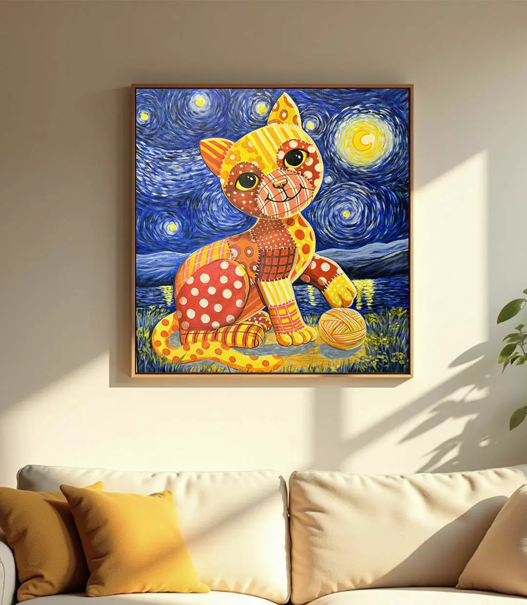 Gato de retalhos na noite estrelada